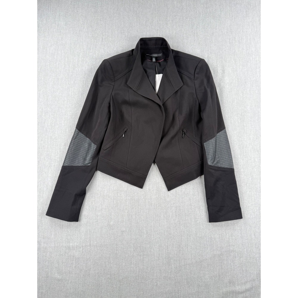 White House Black Market Black Moto Jacket Faux Leather Elbow Patches Size 4
